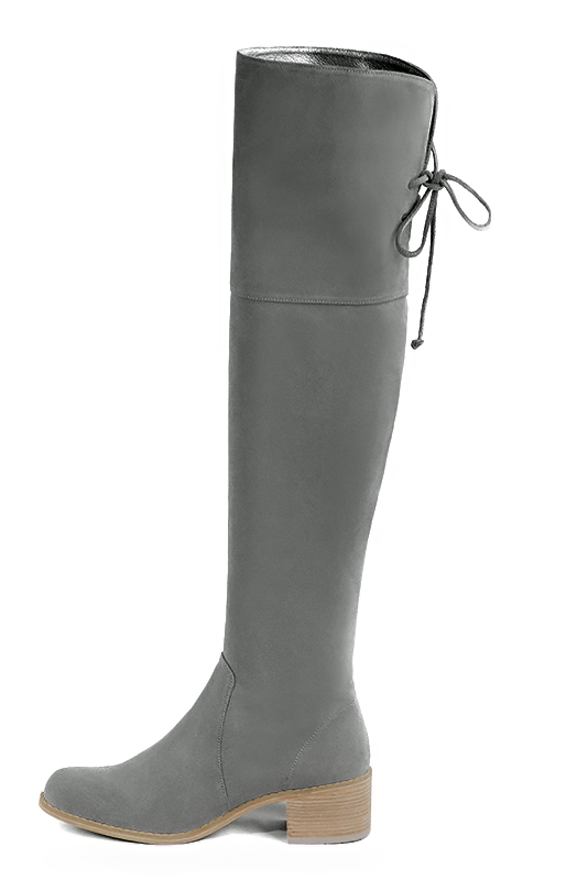 Dove grey women's leather thigh-high boots. Round toe. Low leather soles. Made to measure. Profile view - Florence KOOIJMAN